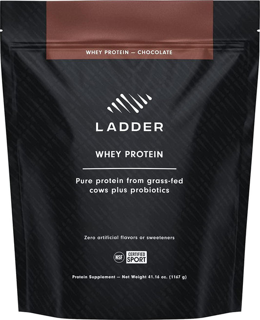 LADDER Grass-Fed Whey Protein Powder, 26g Protein for Muscle Gain, 7g BCAAs, 14g EAAs, 2 Billion CFU Probiotics, No Artificial Sweeteners, NSF Certified Supplements (Chocolate, 30 Serving Bag)