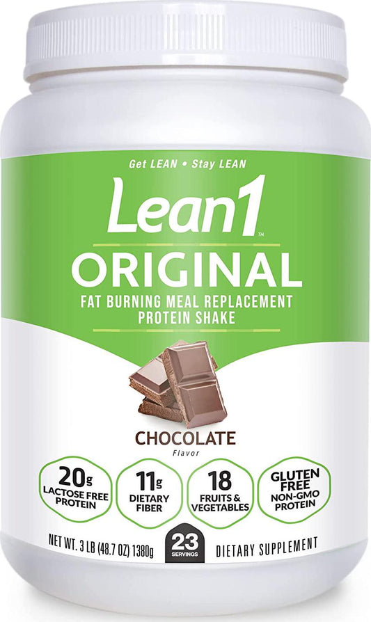 LEAN1 Chocolate Protein Powder Meal Replacement Shakes By Nutrition 53, Lactose and Gluten Free with Green Coffee Bean Extract, 23 Serving Tub - 48.7 oz