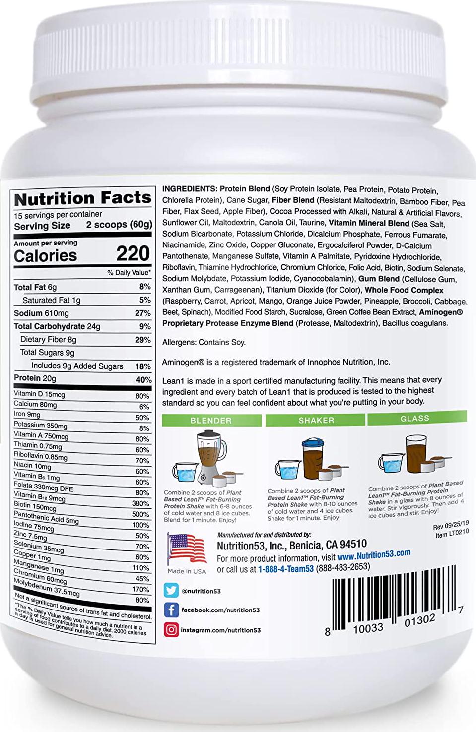 LEAN1 Nutrition 53 Meal Replacement Powder for Weight Loss, Fat Burner, Appetite Control, Plant Based Chocolate (31.7 Ounce)