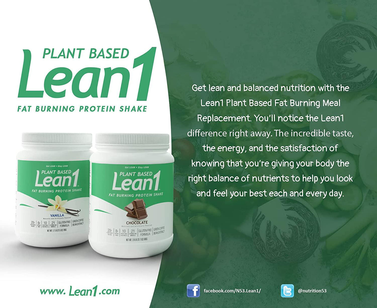 LEAN1 Nutrition 53 Meal Replacement Powder for Weight Loss, Fat Burner, Appetite Control, Plant Based Chocolate (31.7 Ounce)