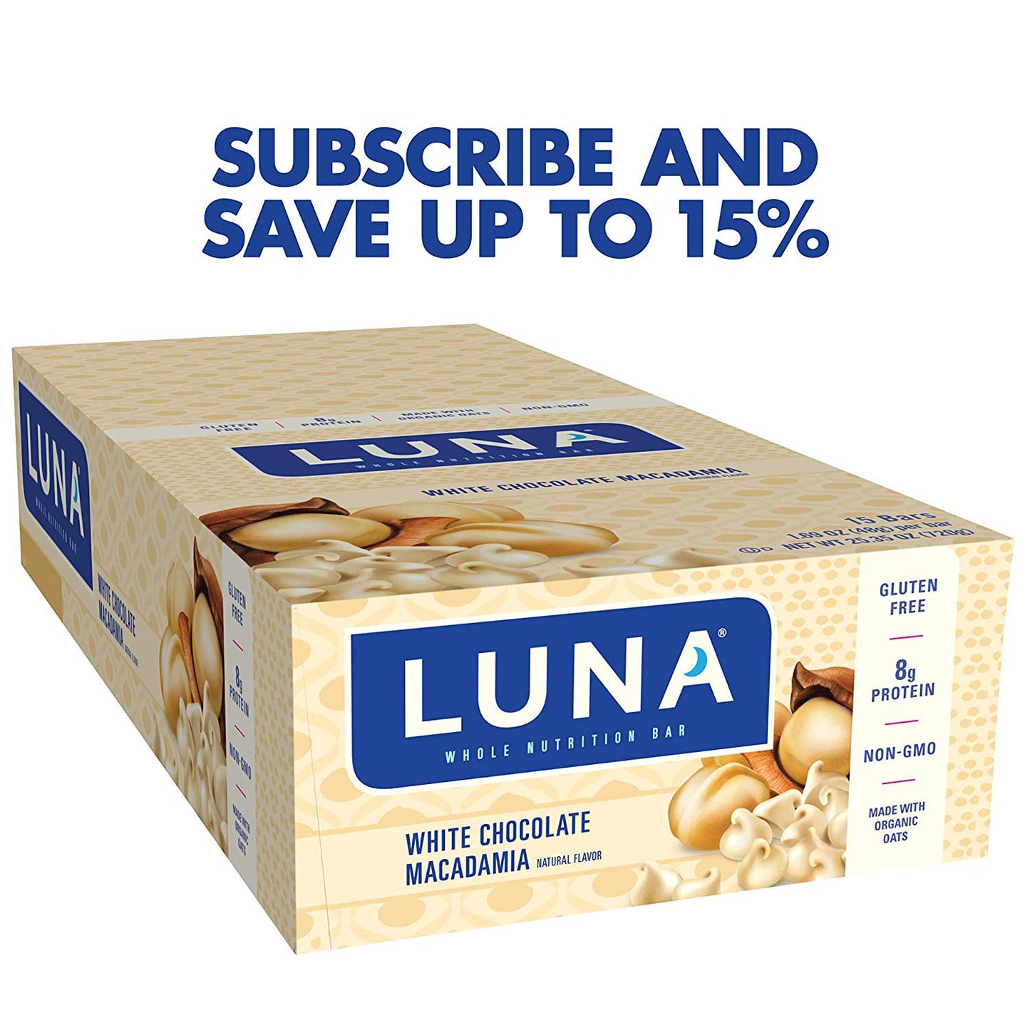 LUNA BAR - Gluten Free Snack Bars - White Chocolate Macadamia Flavor -8g of protein - Non-GMO - Plant-Based Wholesome Snacking - On the Go Snacks (1.69 Ounce Snack Bars, 15 Count)