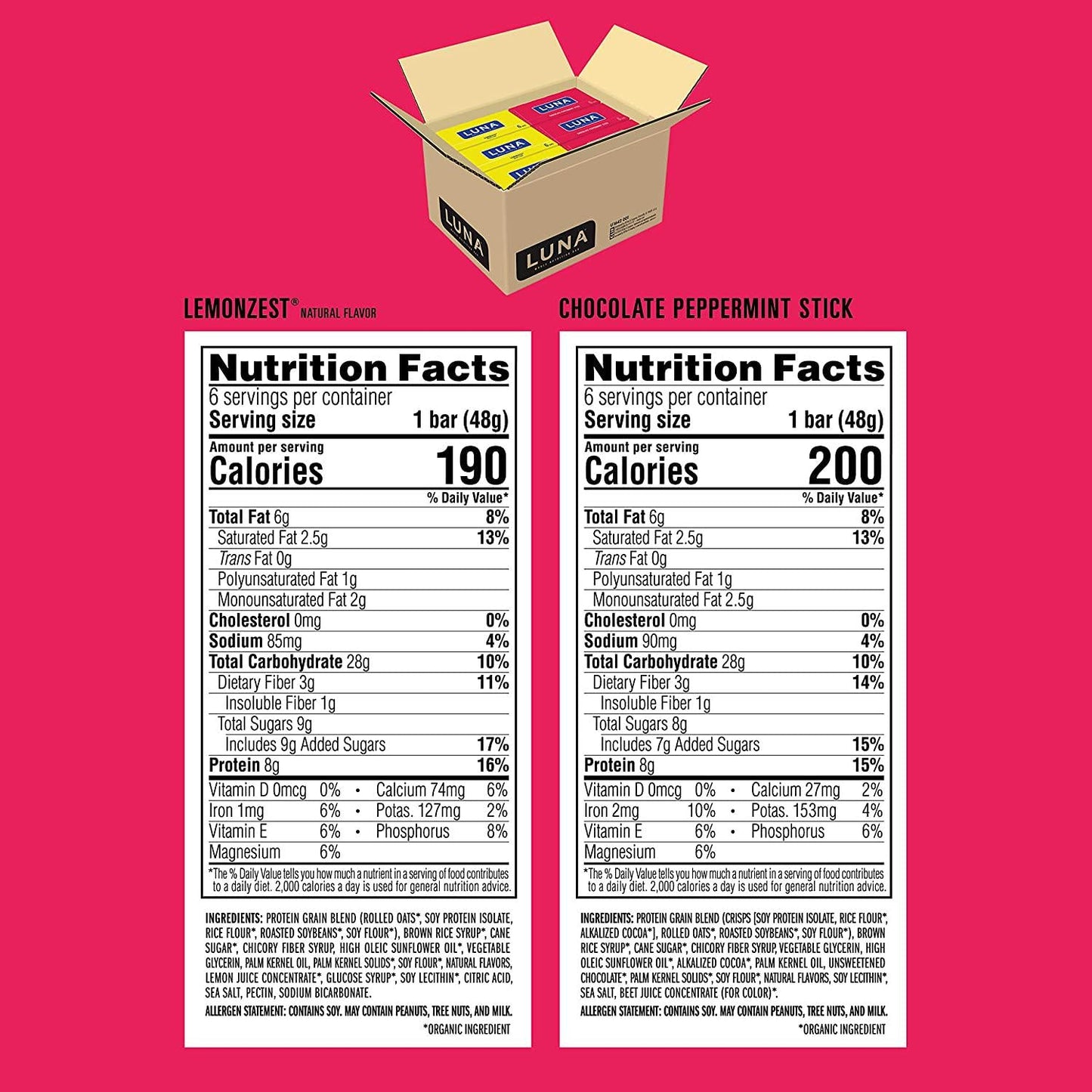 LUNA - Gluten Free Bars Care Package - Lemon Zest and Chocolate Peppermint Stick - (2.4 Ounce Bar, 6 Packs, Total 36 Bars)