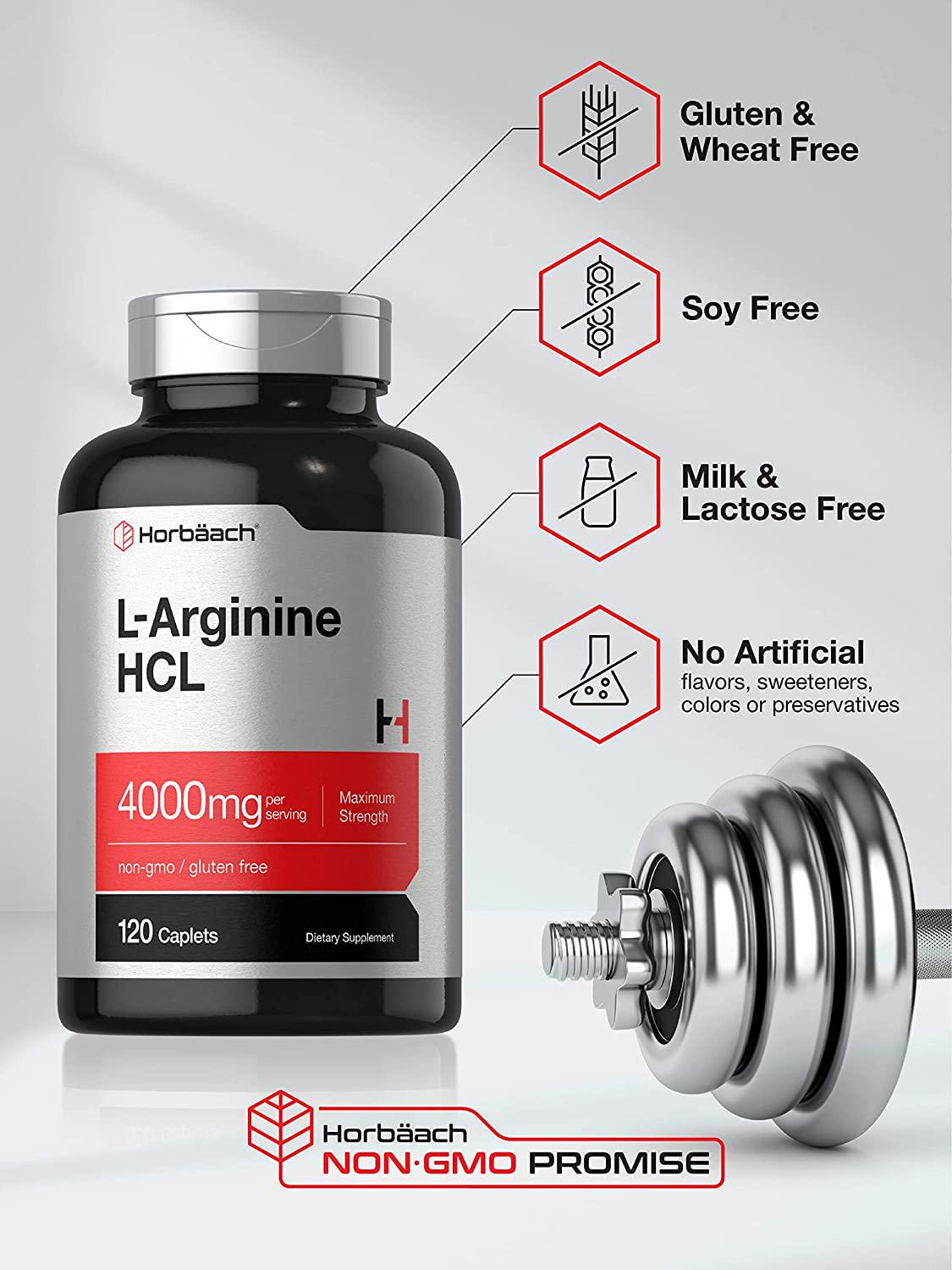 L Arginine 4000 mg | 120 Caplets | Maximum Strength Nitric Oxide Precursor | Vegetarian, Non-GMO, Gluten Free Supplement | by Horbaach