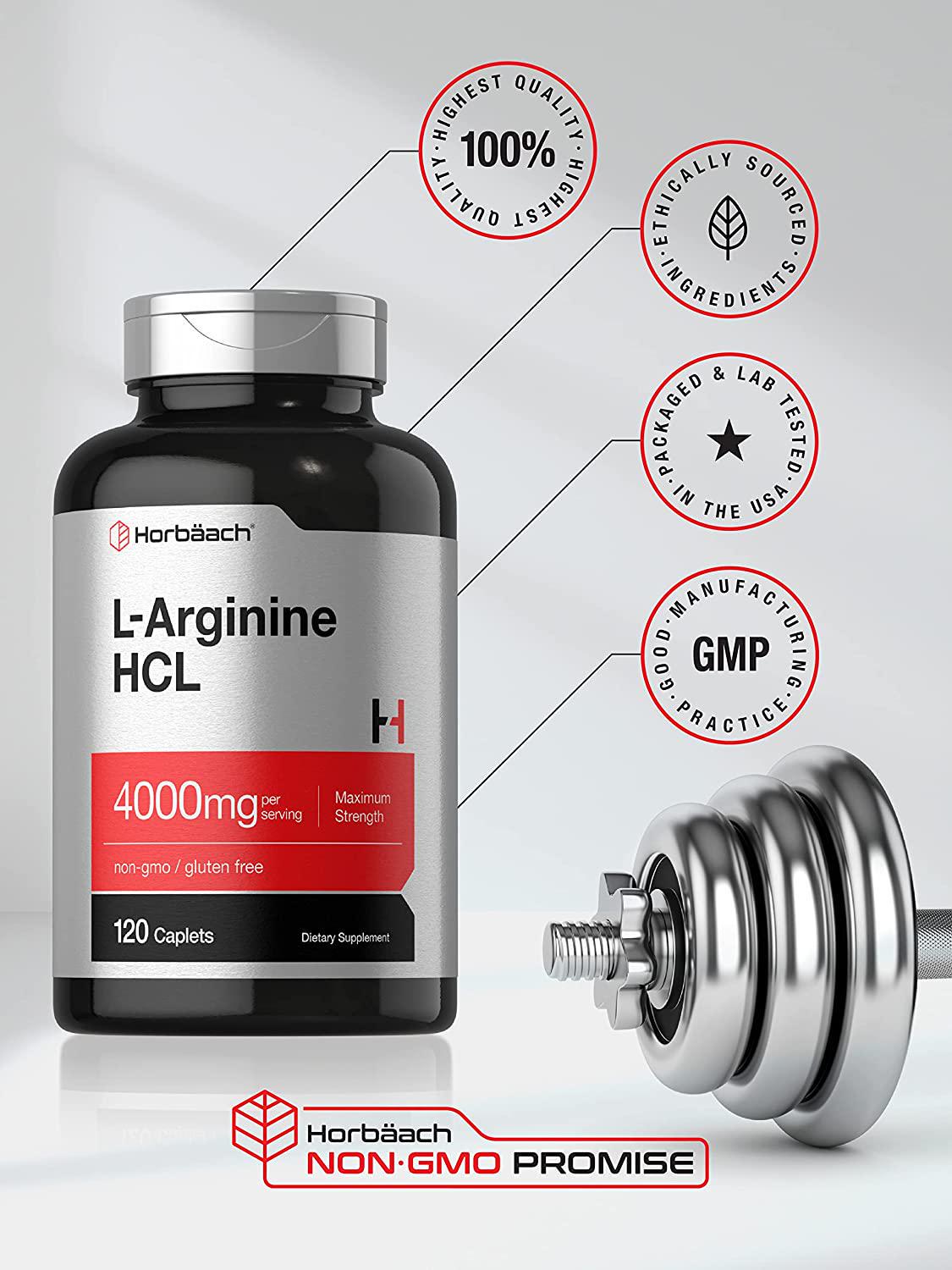 L Arginine 4000 mg | 120 Caplets | Maximum Strength Nitric Oxide Precursor | Vegetarian, Non-GMO, Gluten Free Supplement | by Horbaach