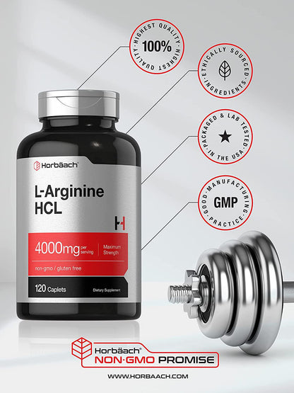 L Arginine 4000 mg | 120 Caplets | Maximum Strength | Vegetarian, Non-GMO, Gluten Free | L-Arginine Supplement | by Horbaach