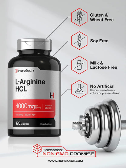 L Arginine 4000 mg | 120 Caplets | Maximum Strength | Vegetarian, Non-GMO, Gluten Free | L-Arginine Supplement | by Horbaach