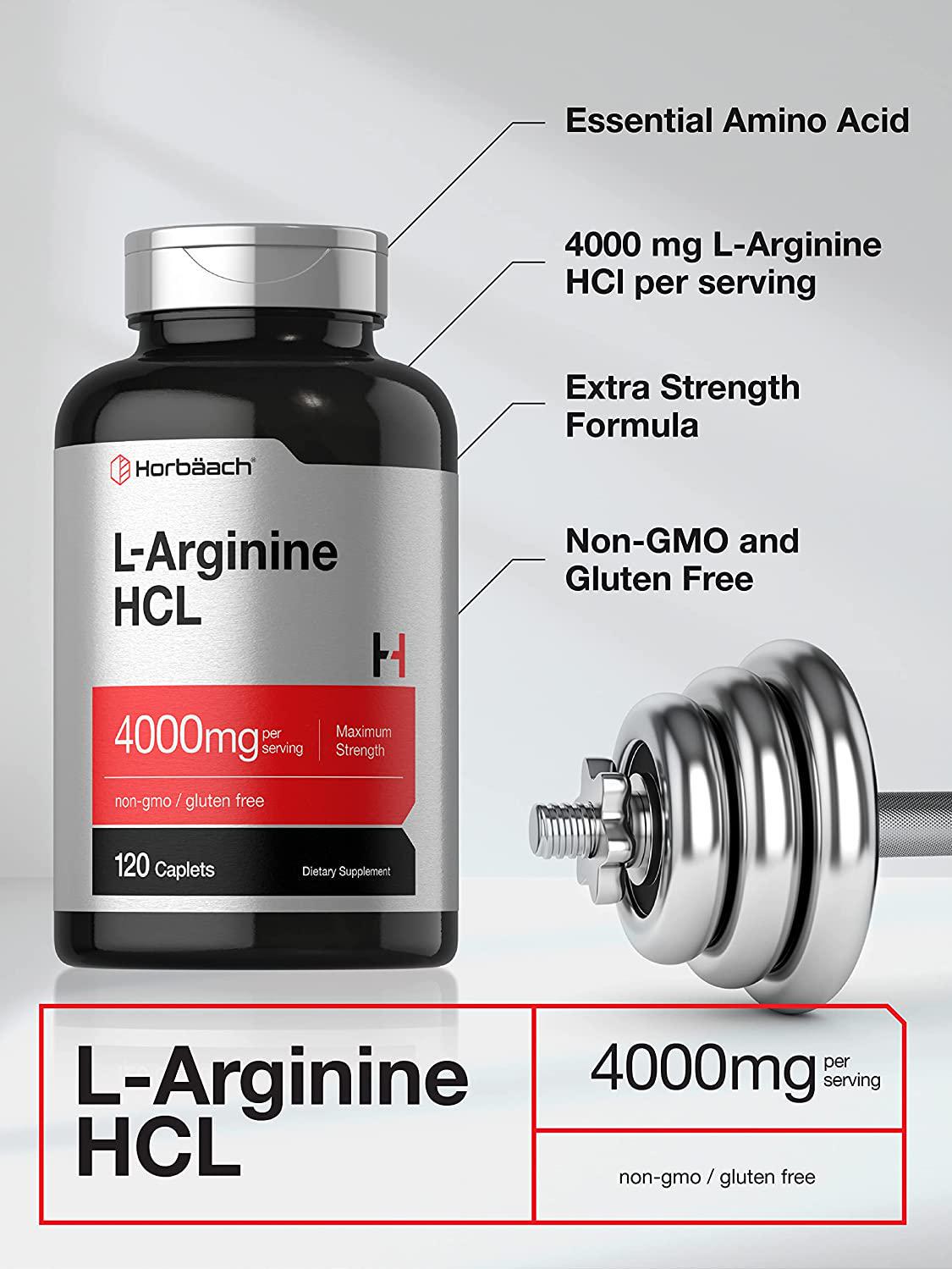 L Arginine 4000 mg | 120 Caplets | Maximum Strength Nitric Oxide Precursor | Vegetarian, Non-GMO, Gluten Free Supplement | by Horbaach