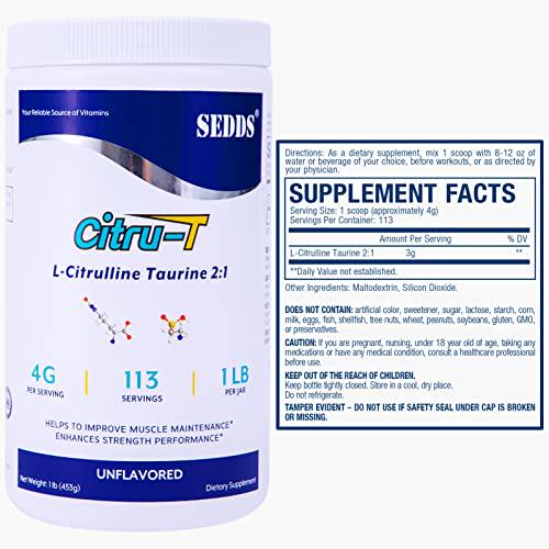 L-Citrulline Taurine 2:1 - Citrulline Powder Unflavored Pre Workout, 1 lb, (113 Servings)