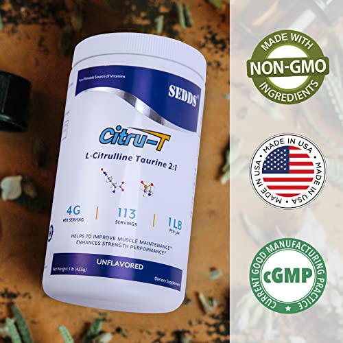 L-Citrulline Taurine 2:1 - Citrulline Powder Unflavored Pre Workout, 1 lb, (113 Servings)