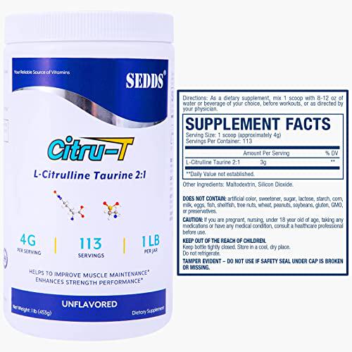 L-Citrulline Taurine 2:1 - Citrulline Powder Unflavored Pre Workout, 1 lb, (113 Servings)