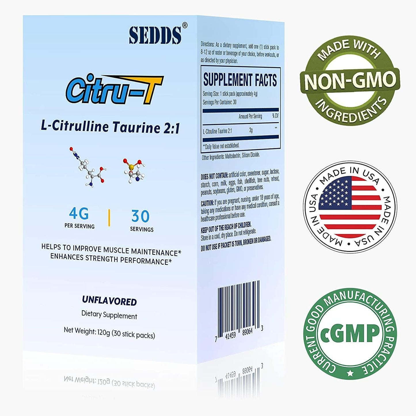 L-Citrulline Taurine 2:1 - Citrulline Powder Unflavored Pre Workout, 1 lb, (30 Pack)