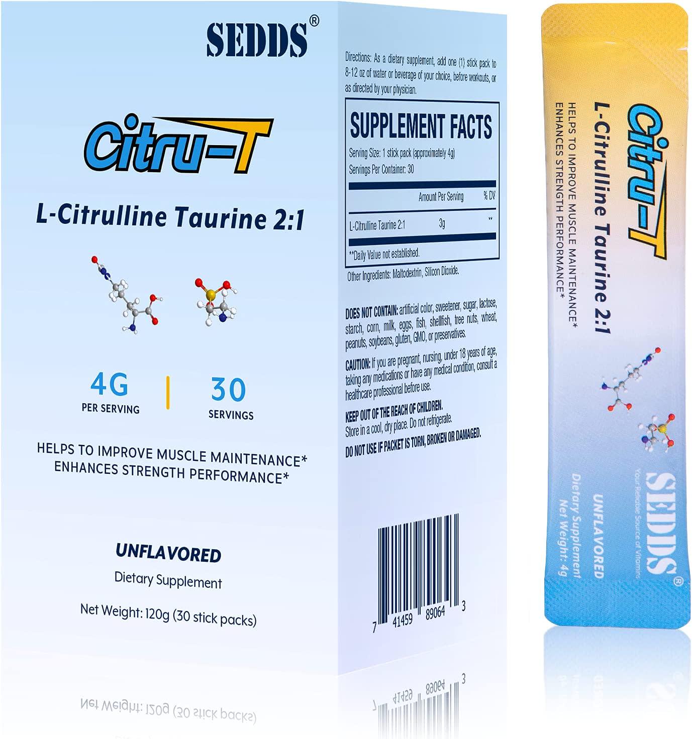 L-Citrulline Taurine 2:1 - Citrulline Powder Unflavored Pre Workout, 1 lb, (30 Pack)