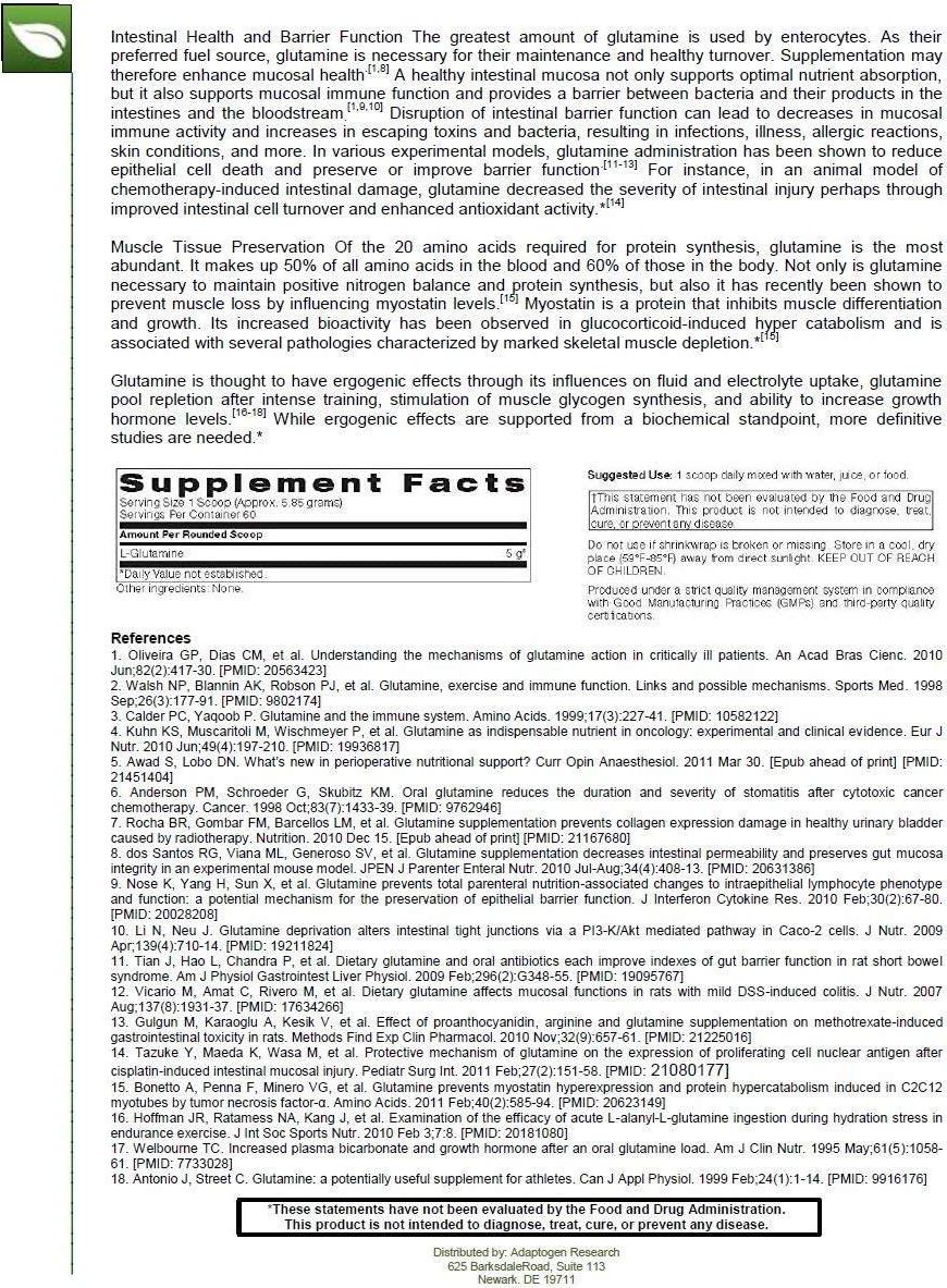 L-Glutamine Cellular Support | Free form Amino Acid Supplement | Powder | Supports Muscle Mass and Gastrointestinal Tract | 351g | Adaptogen Research | Pharmaceutical Grade Supplements