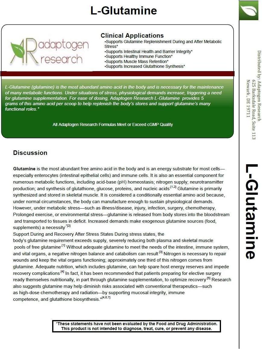 L-Glutamine Cellular Support | Free form Amino Acid Supplement | Powder | Supports Muscle Mass and Gastrointestinal Tract | 351g | Adaptogen Research | Pharmaceutical Grade Supplements