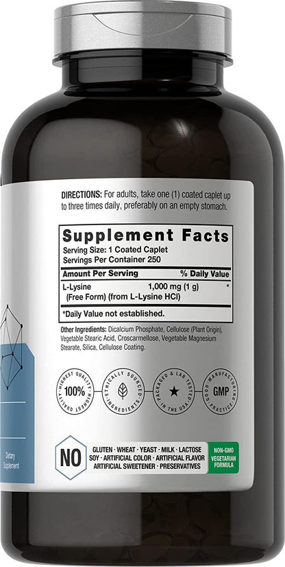 L Lysine 1000mg | 250 Caplets | Vegetarian | Non-GMO, Gluten Free | by Horbaach