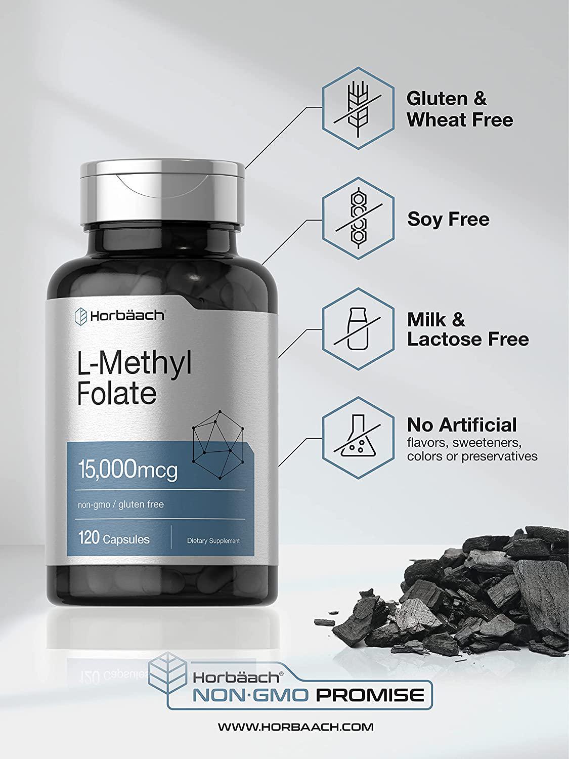 L Methylfolate 15000 mcg | 120 Capsules |15mg Methyl Folate | 5-MTHF | Non-GMO, Gluten Free Supplement | by Horbaach