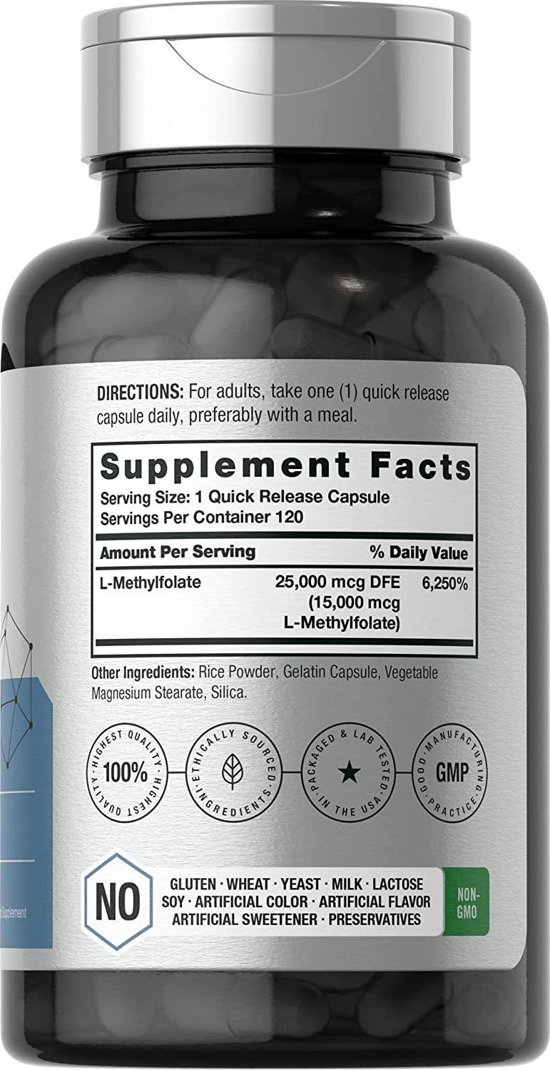L Methylfolate 15000 mcg | 120 Capsules |15mg Methyl Folate | 5-MTHF | Non-GMO, Gluten Free Supplement | by Horbaach