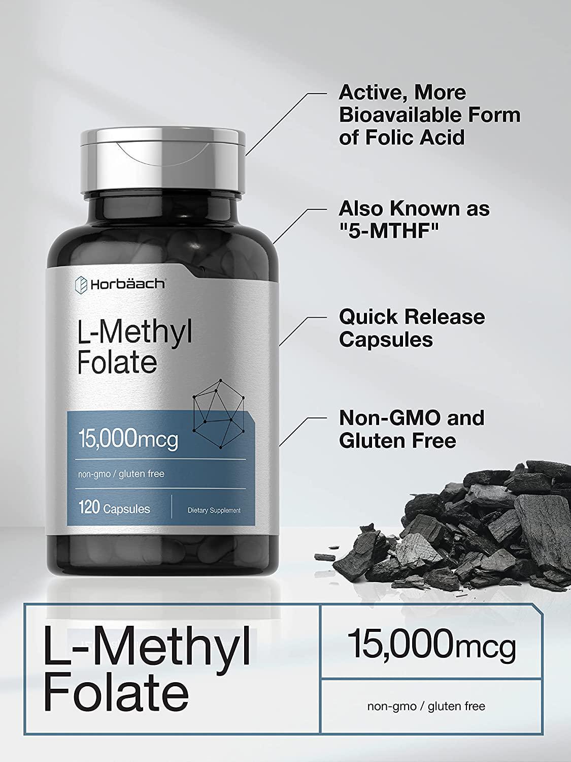L Methylfolate 15000 mcg | 120 Capsules |15mg Methyl Folate | 5-MTHF | Non-GMO, Gluten Free Supplement | by Horbaach