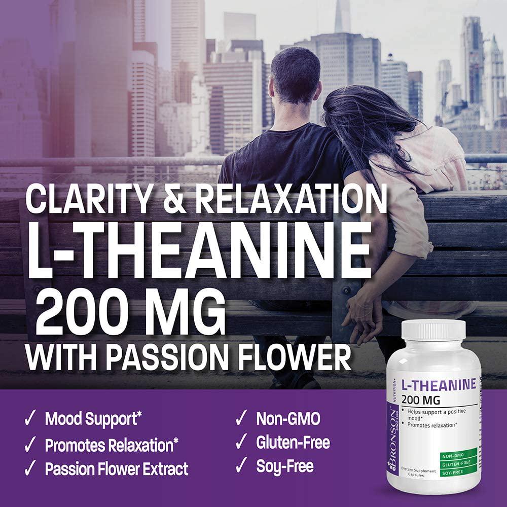 L-Theanine 200mg (Double-Strength) with Passion Flower Herb - Reducing Stress and Promoting Relaxation Without Sedation - Non GMO Formula, 120 Vegetarian Capsules
