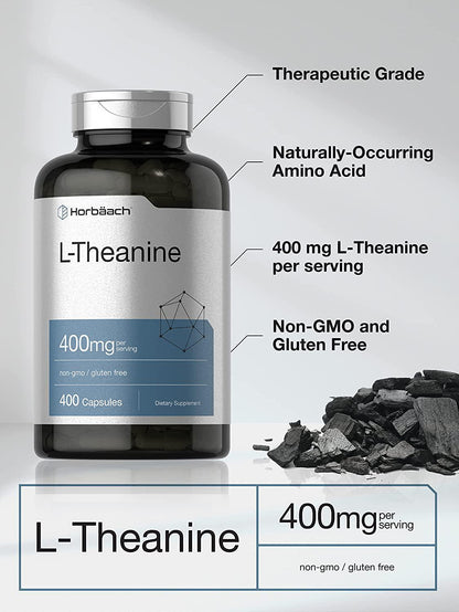 L-Theanine 400mg Capsules | 400 Count Max Size | Non-GMO and Gluten Free | by Horbaach