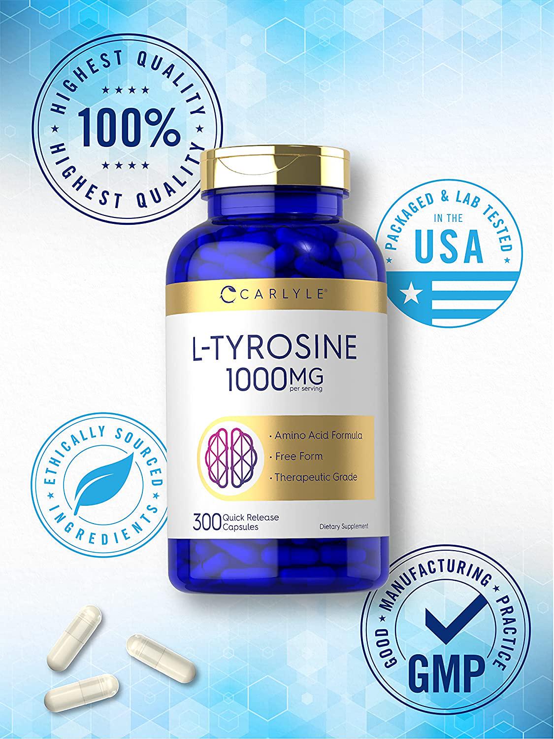 L Tyrosine Capsules | 1000mg | 300 Count | Non-GMO and Gluten Free Supplement | by Carlyle