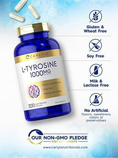 L Tyrosine Capsules | 1000mg | 300 Count | Non-GMO and Gluten Free Supplement | by Carlyle