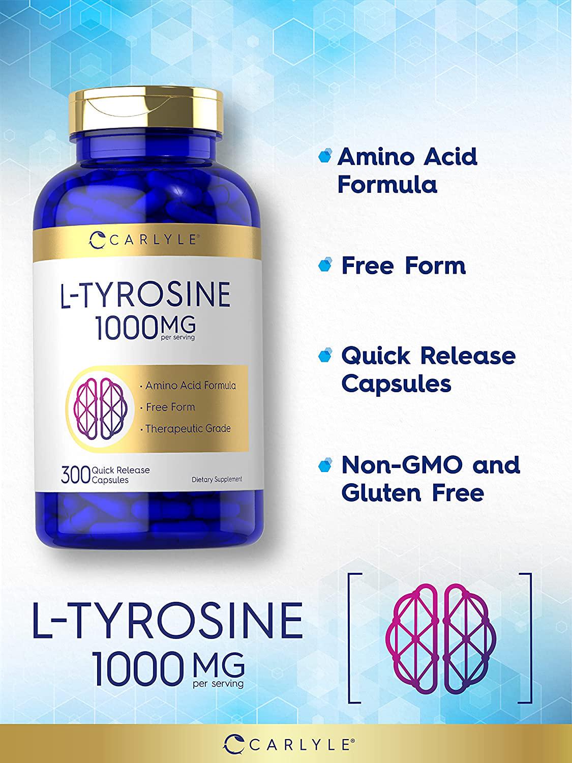 L Tyrosine Capsules | 1000mg | 300 Count | Non-GMO and Gluten Free Supplement | by Carlyle
