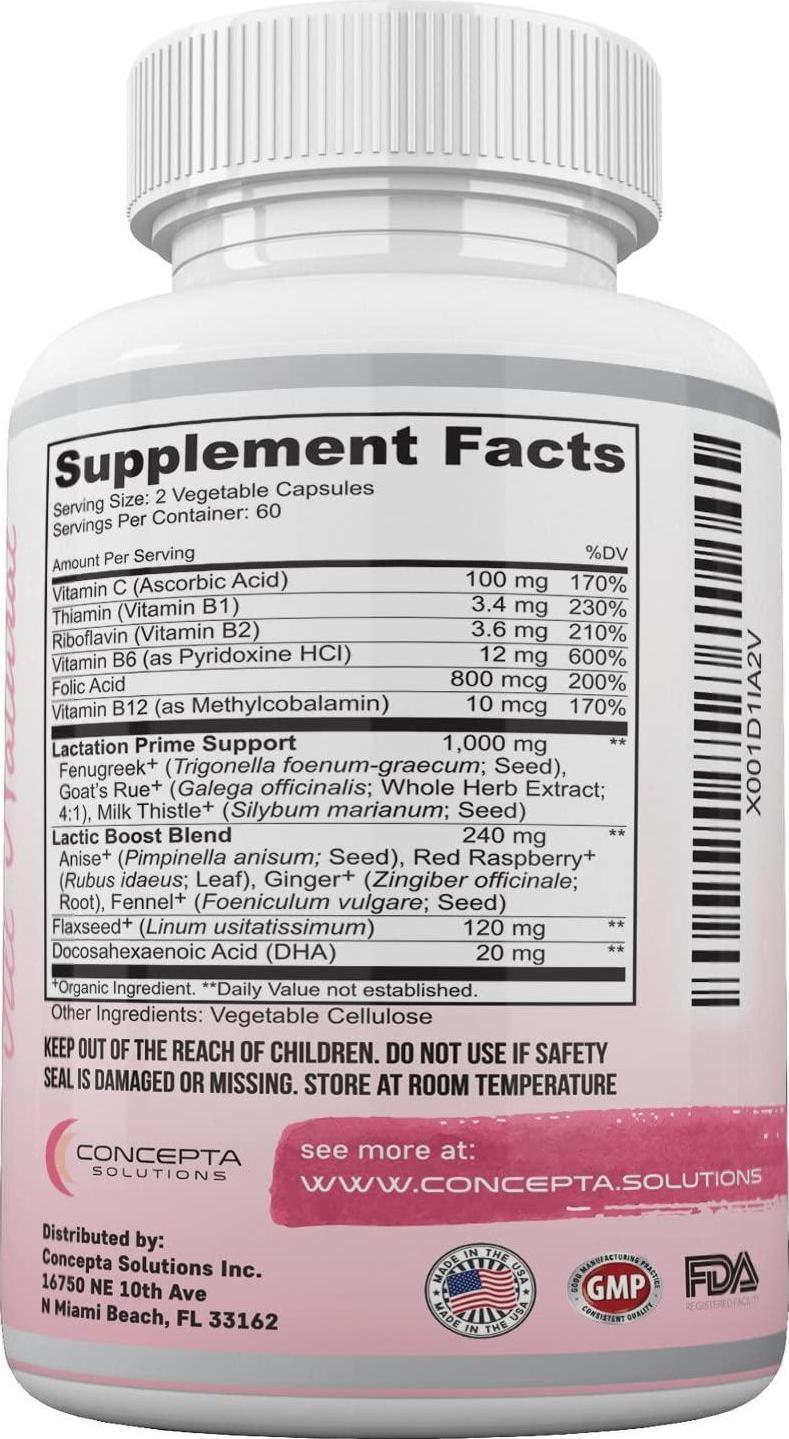 Lactation Aid Support Breastfeeding Supplement - Natural Increased Breast Milk Supply and Flow with Organic Fenugreek, Milk Thistle, and Fennel Seed - 60 Veggie Caps (30 Day Supply)