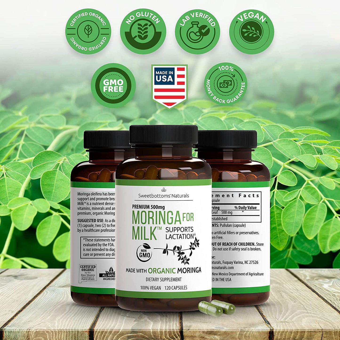 Lactation Supplement Organic Moringa (Malunggay) - Increase Milk Production Naturally - 100% Natural and Gluten-Free - 120 Vegan Moringa Pills 500 mg - Fenugreek Free - Certified Organic