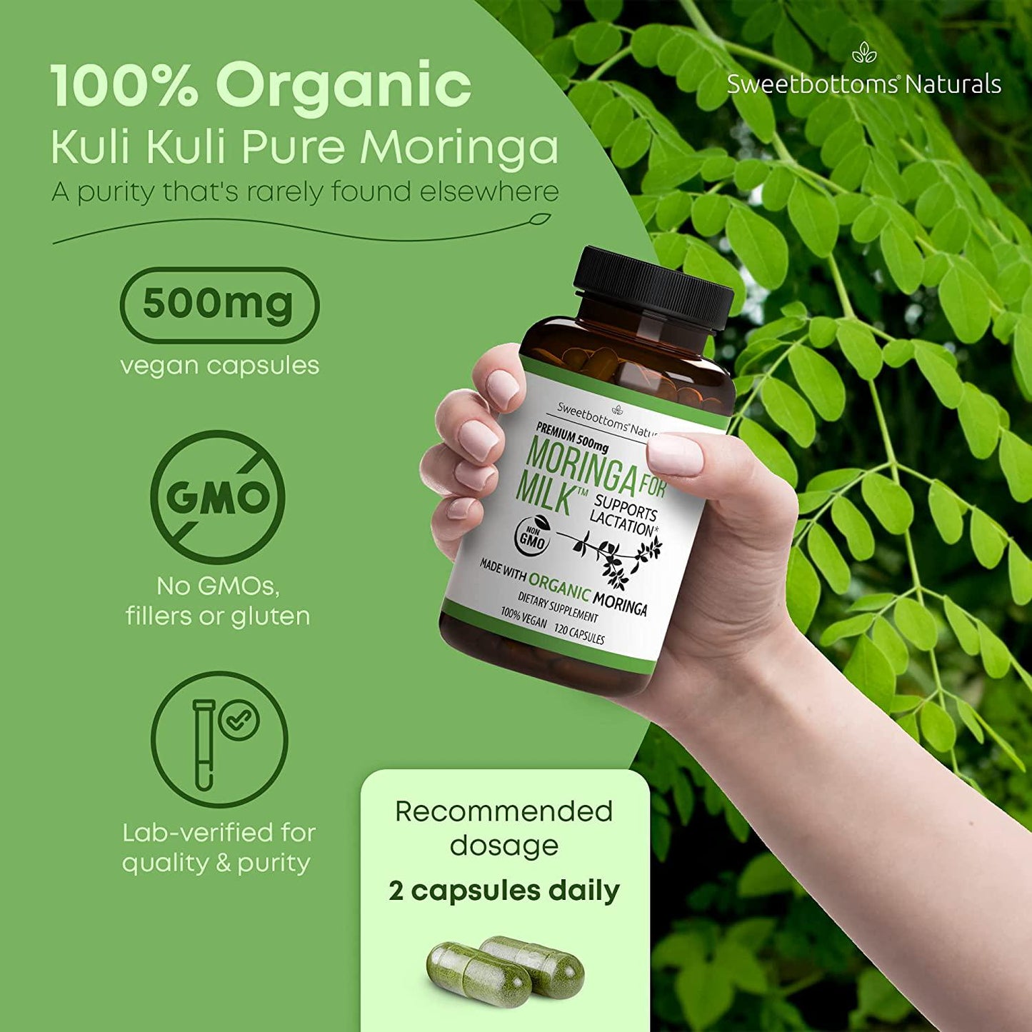 Lactation Supplement Organic Moringa (Malunggay) - Increase Milk Production Naturally - 100% Natural and Gluten-Free - 120 Vegan Moringa Pills 500 mg - Fenugreek Free - Certified Organic