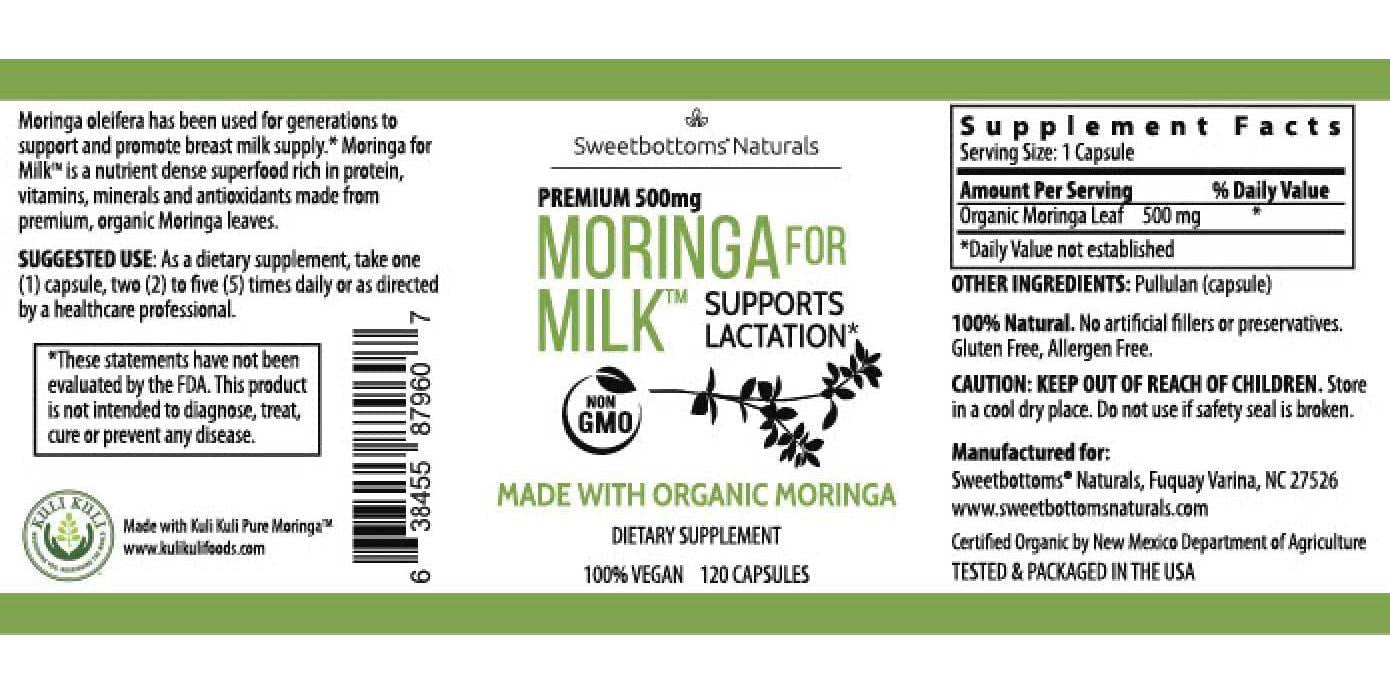 Lactation Supplement Organic Moringa (Malunggay) - Increase Milk Production Naturally - 100% Natural and Gluten-Free - 120 Vegan Moringa Pills 500 mg - Fenugreek Free - Certified Organic