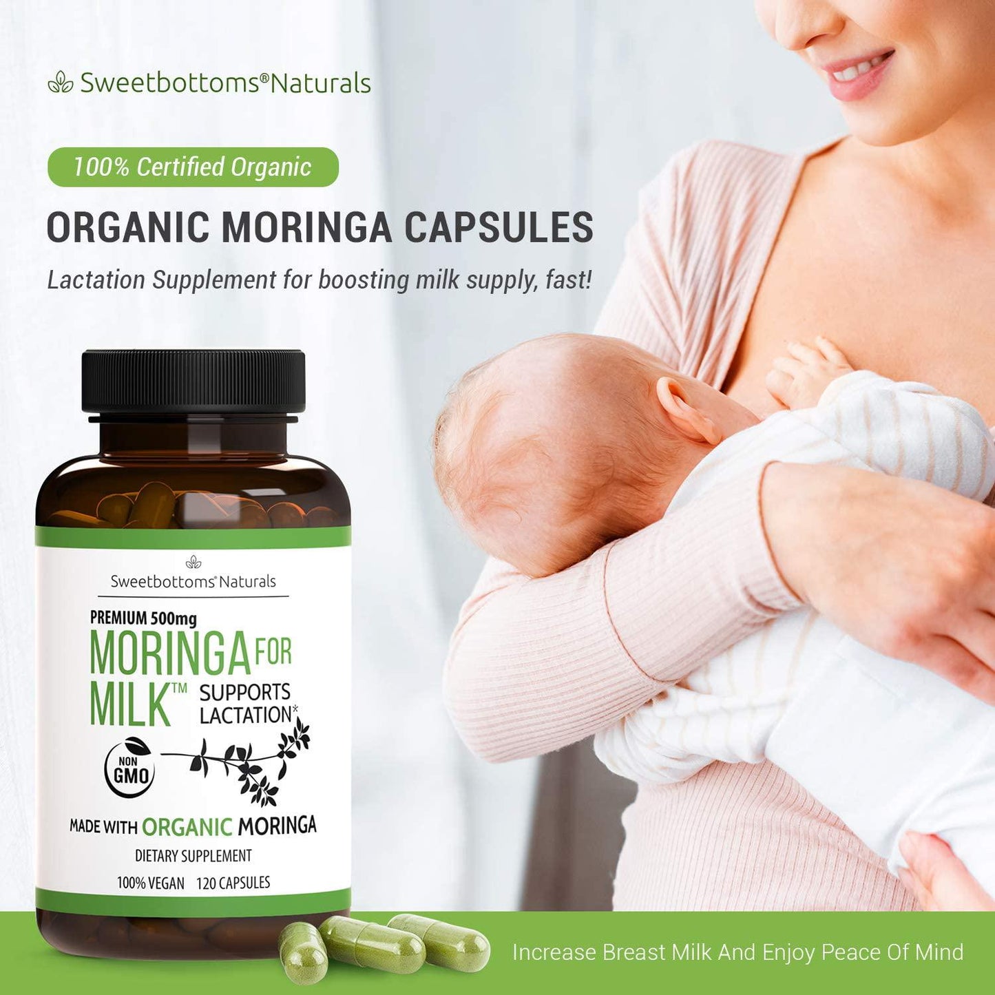 Lactation Supplement Organic Moringa (Malunggay) - Increase Milk Production Naturally - 100% Natural and Gluten-Free - 120 Vegan Moringa Pills 500 mg - Fenugreek Free - Certified Organic