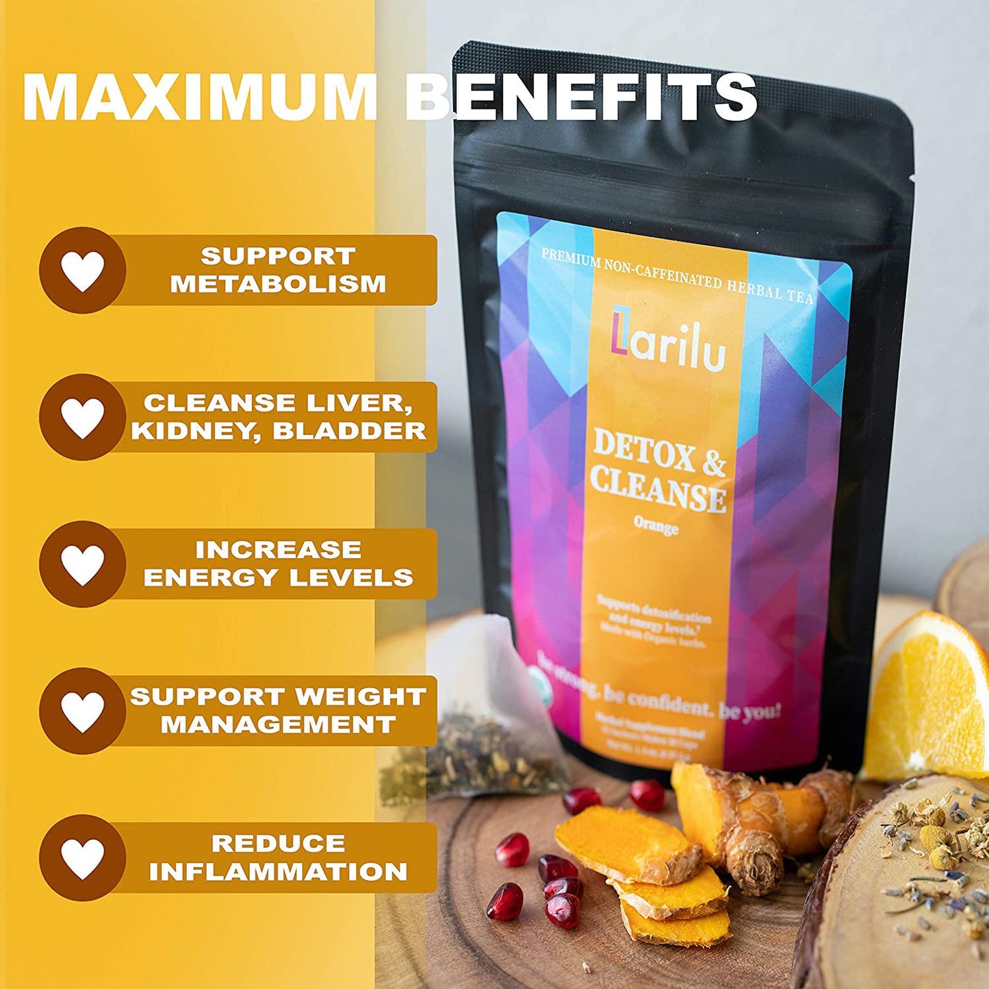 Larilu Detox Tea Cleanse - Caffeine Free Organic Cleansing Herbal Tea to Help Boost Energy, Reduce Bloating and Supports Healthy Weight - 30 Day All Natural Gentle Body Detox Colon Cleanse Tea (30 Cups)