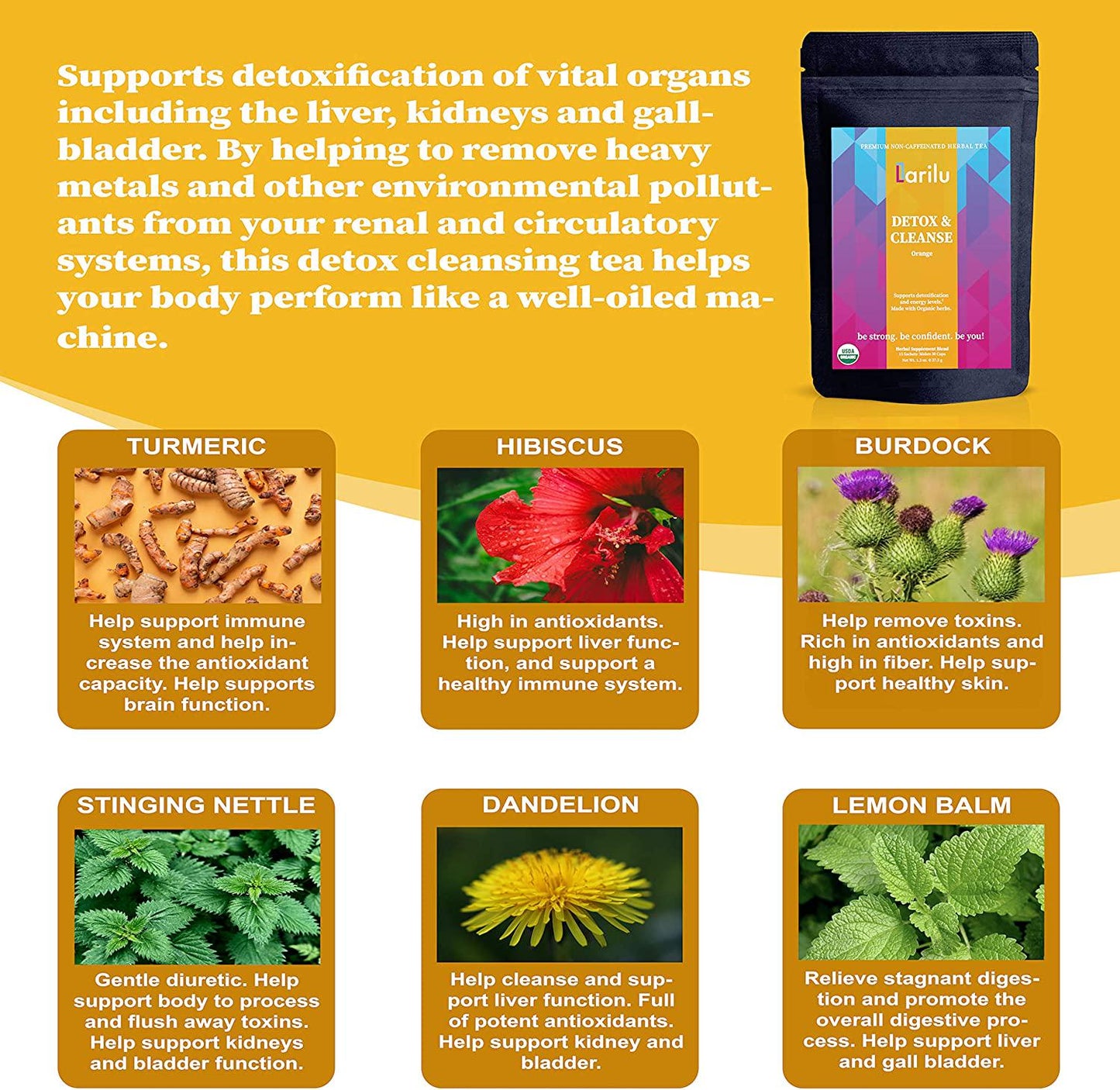 Larilu Detox Tea Cleanse - Caffeine Free Organic Cleansing Herbal Tea to Help Boost Energy, Reduce Bloating and Supports Healthy Weight - 30 Day All Natural Gentle Body Detox Colon Cleanse Tea (30 Cups)