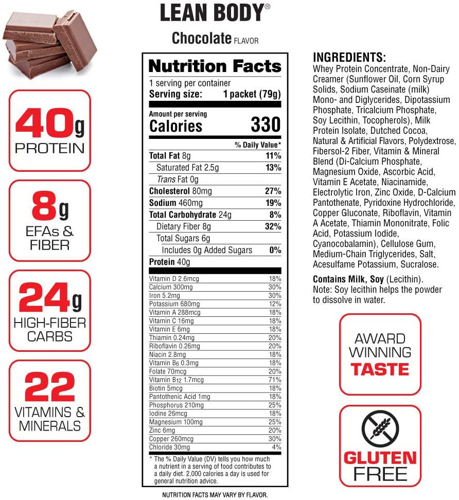 Lean Body MRP All-In-One Chocolate Meal Replacement Shake, 40g Protein, Whey Blend, 8g Healthy Fats EFA's and Fiber, 22 Vitamins and Minerals , No artificial color, Gluten Free, (42 Packets)