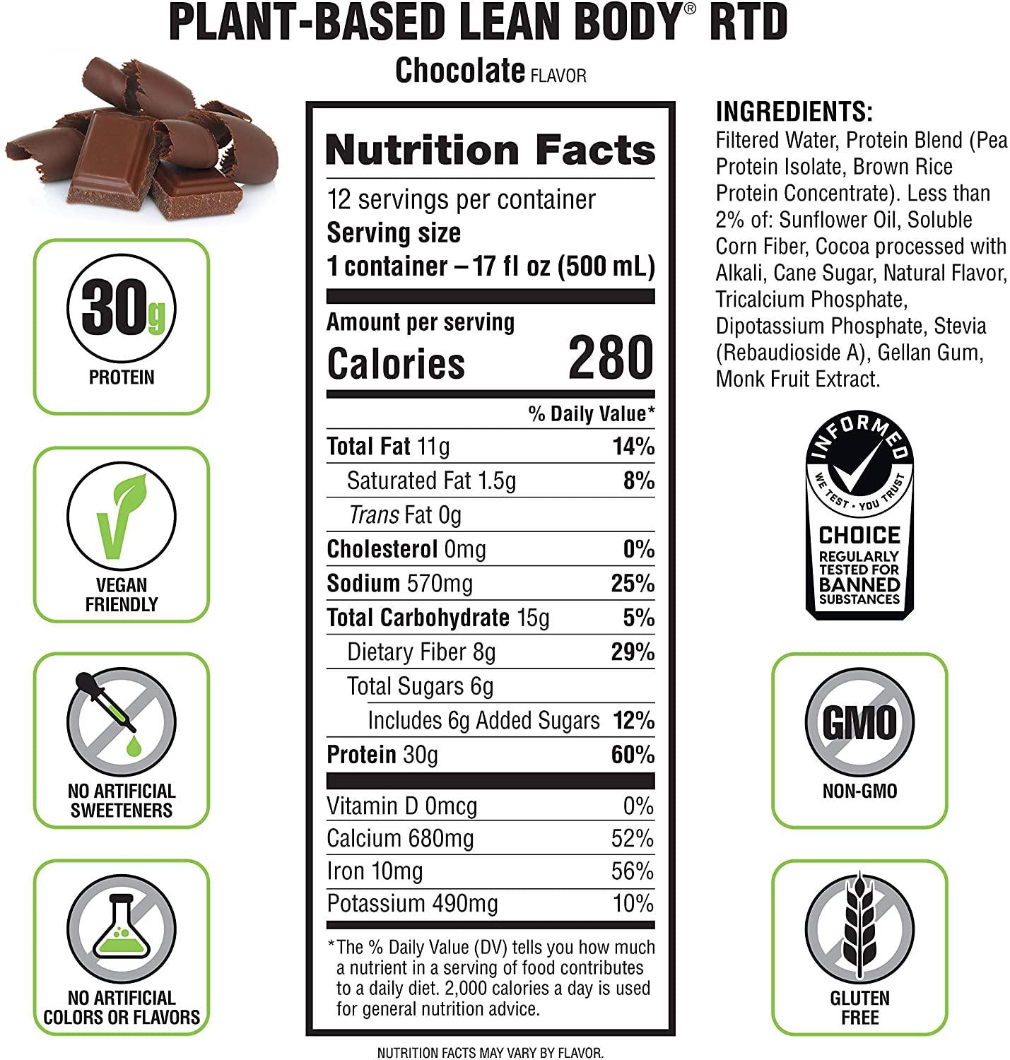 Lean Body Ready-to-Drink, Plant-Based Vegan Chocolate Protein Shake, 30g Protein, No Artificial Flavors, Sweeteners or Colors, Non GMO, Gluten Free, Premium Pea and Rice Blend (Pack of 12)