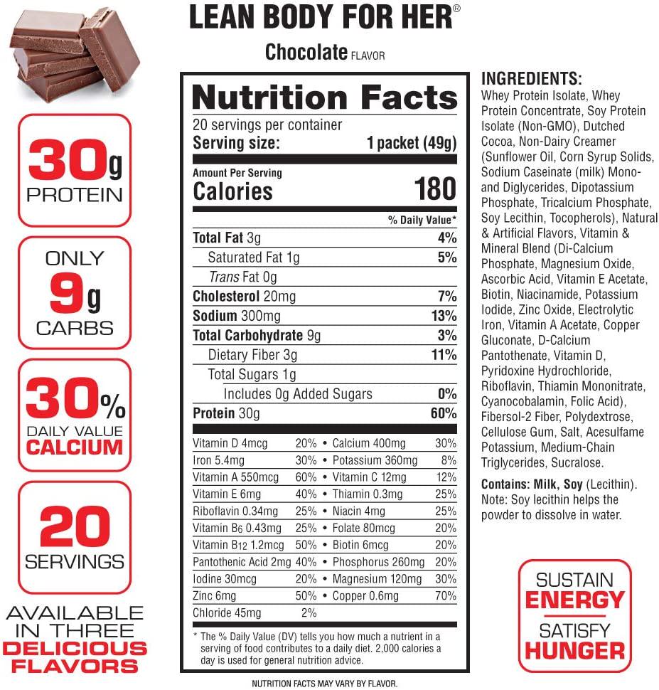 Lean Body for Her All-in-One Chocolate Meal Replacement Shake. 30g Protein, Whey Blend, Just 9g Carbs, 22 Vitamins and Minerals, No Artificial Colours, Gluten Free, (20 MRP Packets)