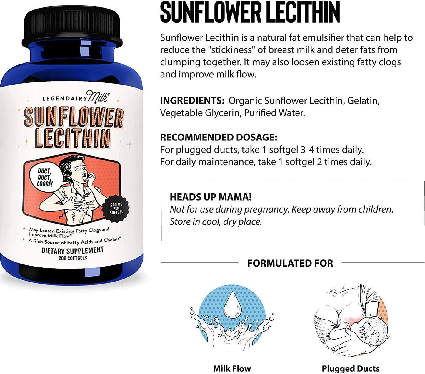 Legendairy Milk Sunflower Lecithin, 1200mg of Organic Sunflower Lecithin per Softgel, 200 count bottle