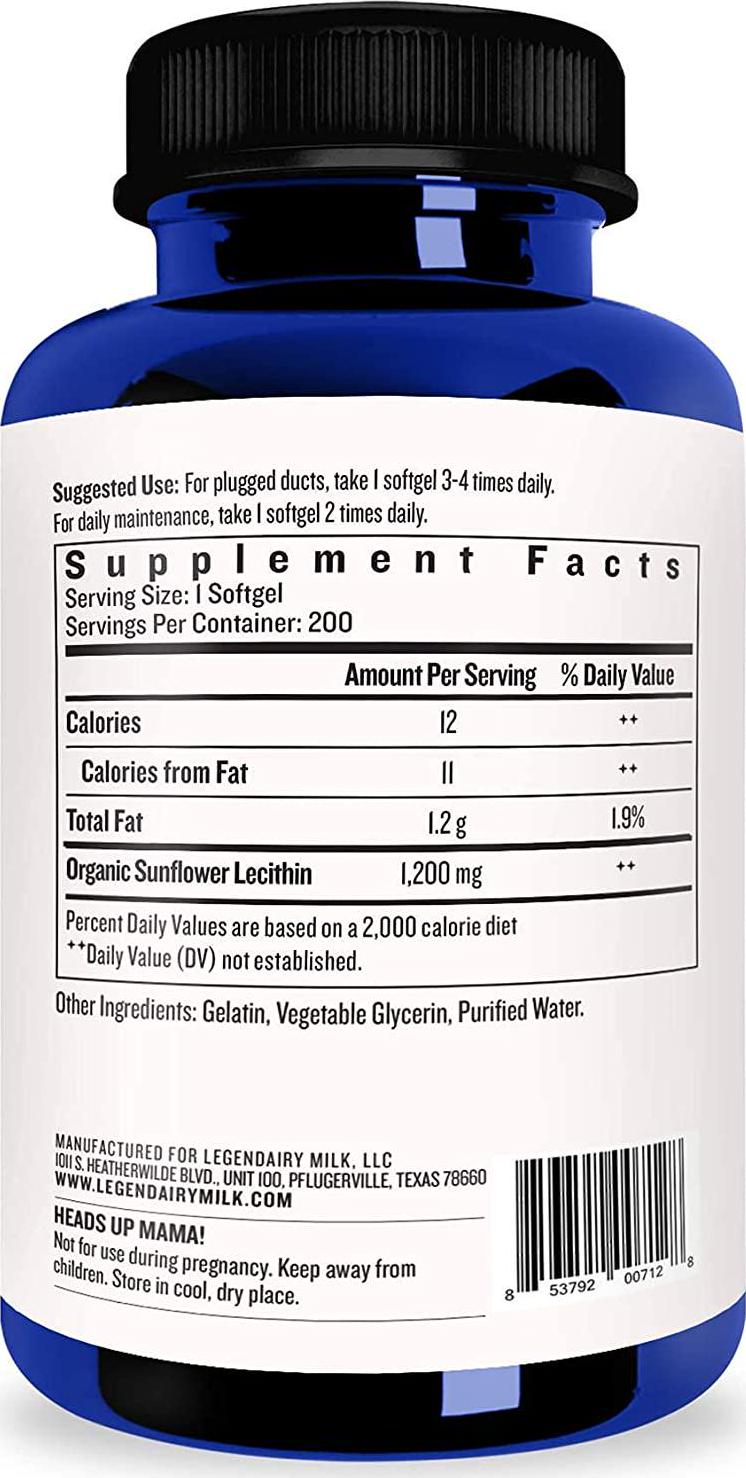 Legendairy Milk Sunflower Lecithin, 1200mg of Organic Sunflower Lecithin per Softgel, 200 count bottle