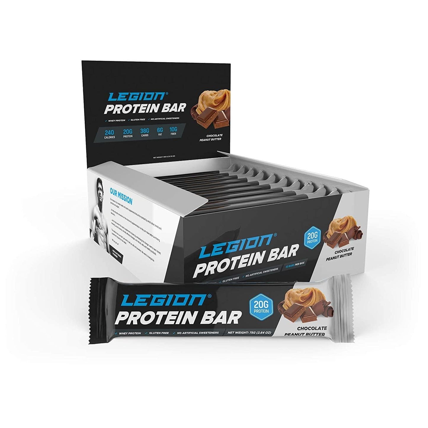 Legion Protein Bar Chocolate Peanut Butter -100% Whey Protein, Baked Bars with Prebiotic Fiber - High Protein (20g) Low Fat (12g) Low Sugar (4g), No Soy, Gluten - Natural Flavors (12 Count)