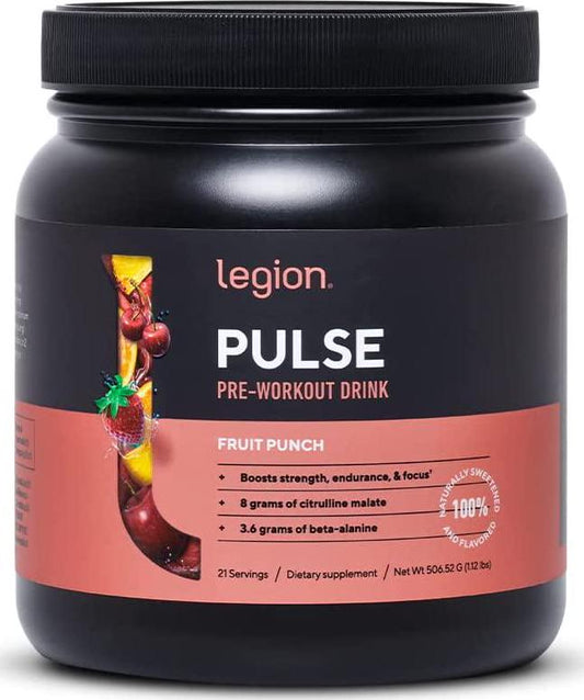 Legion Pulse Pre Workout Supplement - All Natural Nitric Oxide Preworkout Drink to Boost Energy, Creatine Free, Naturally Sweetened, Beta Alanine, Citrulline, Alpha GPC (Fruit Punch) 21 Servings