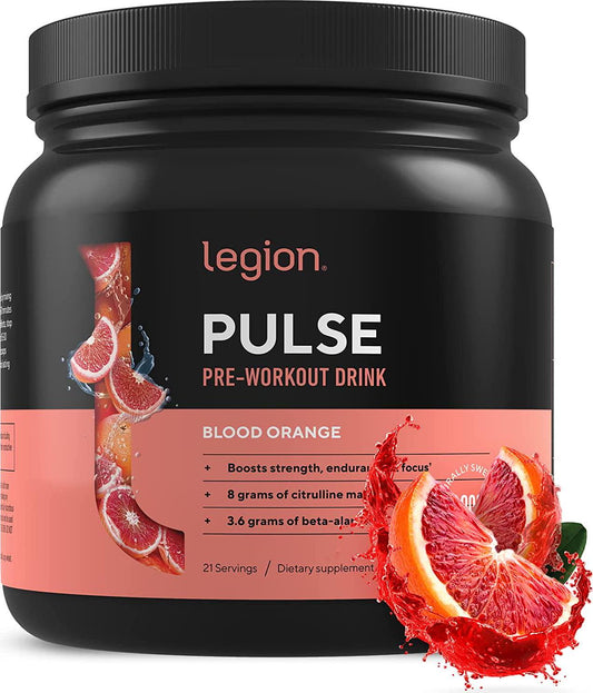 Legion Pulse Pre Workout Supplement - All Natural Nitric Oxide Preworkout Drink to Boost Energy, Creatine Free, Naturally Sweetened, Beta Alanine, Citrulline, Alpha GPC (Blood Orange) 21 Servings
