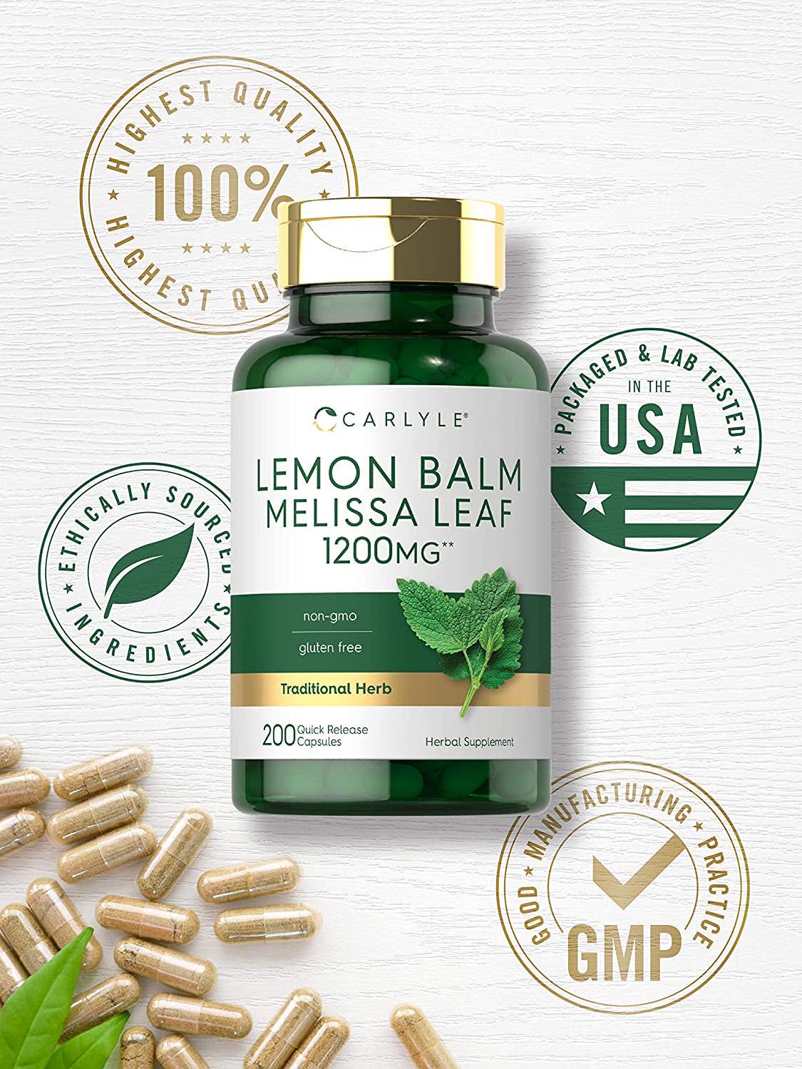 Lemon Balm | 1200mg | 200 Capsules | Non-GMO and Gluten Free Formula | Melissa Leaf Traditional Herbal Supplement | by Carlyle