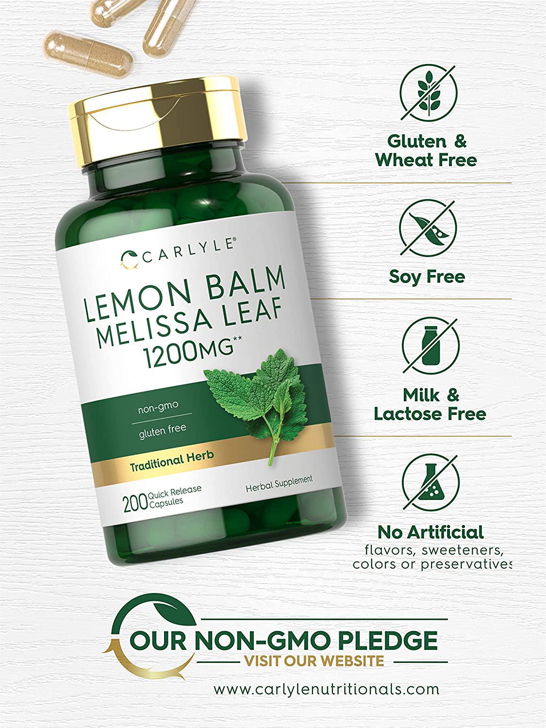 Lemon Balm | 1200mg | 200 Capsules | Non-GMO and Gluten Free Formula | Melissa Leaf Traditional Herbal Supplement | by Carlyle