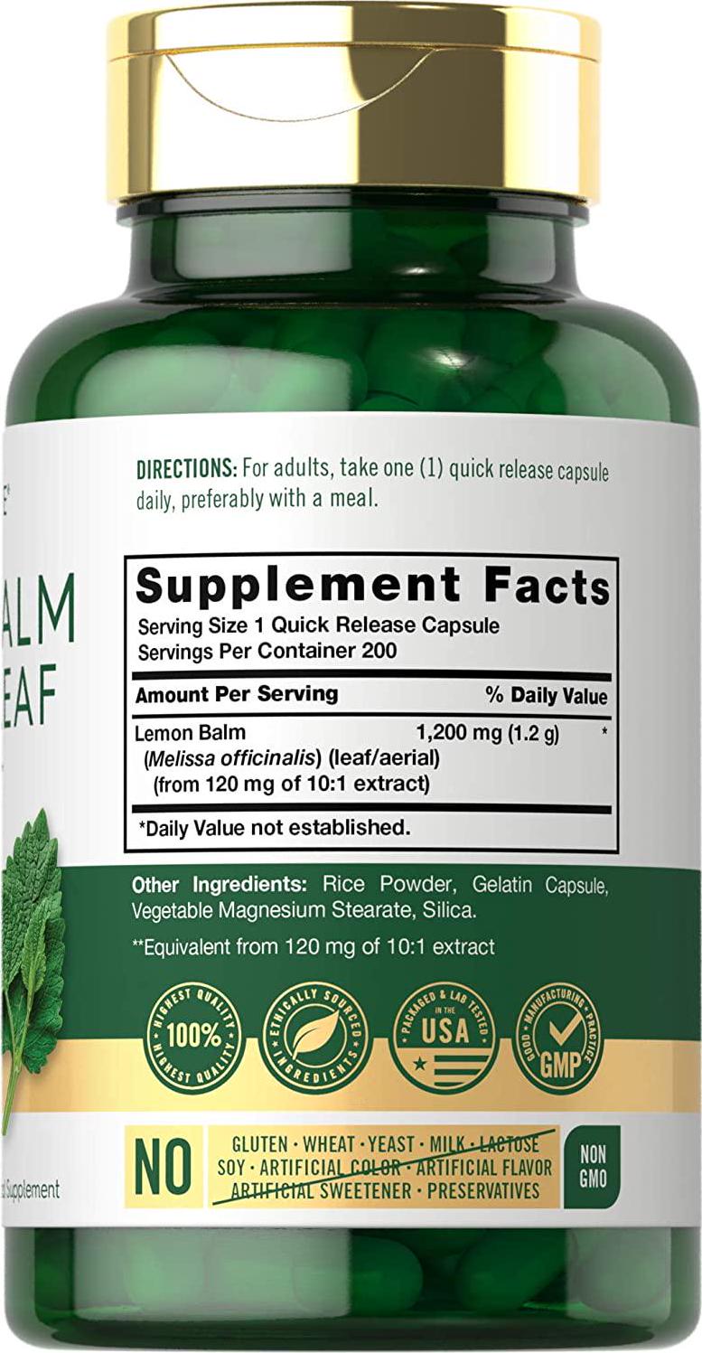 Lemon Balm | 1200mg | 200 Capsules | Non-GMO and Gluten Free Formula | Melissa Leaf Traditional Herbal Supplement | by Carlyle