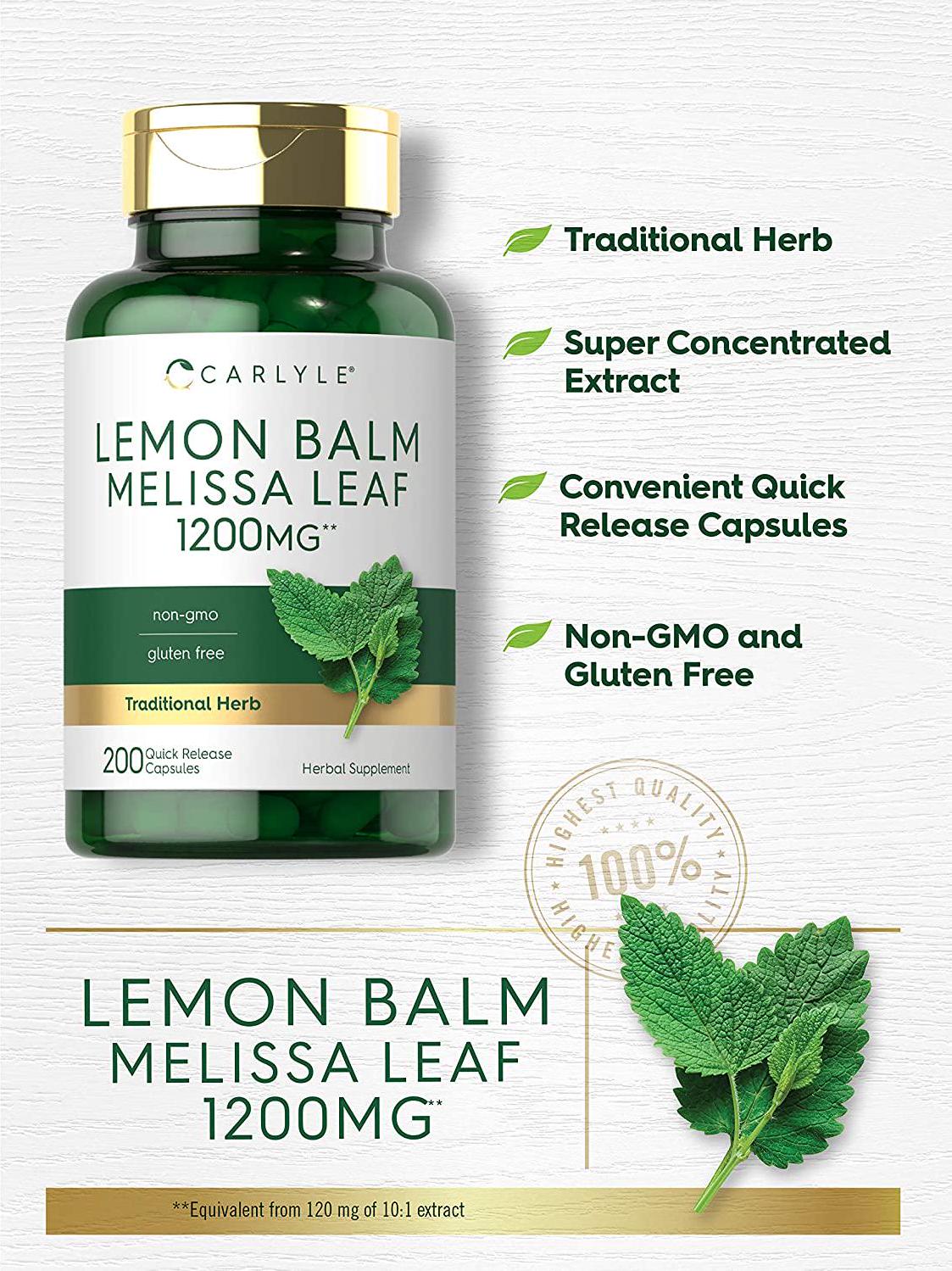 Lemon Balm | 1200mg | 200 Capsules | Non-GMO and Gluten Free Formula | Melissa Leaf Traditional Herbal Supplement | by Carlyle