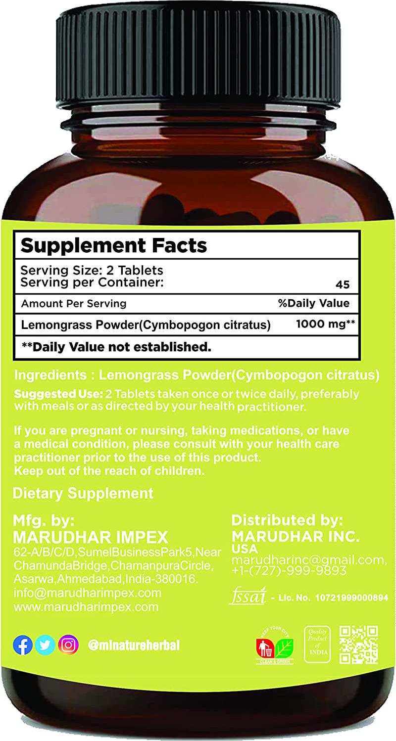 Lemongrass Tablets by mi Nature | 90 Tablets, 1000 mg | 45 Days Supply | Cymbopogon citratus | Promotes Digestion | Detoxification |Vegan