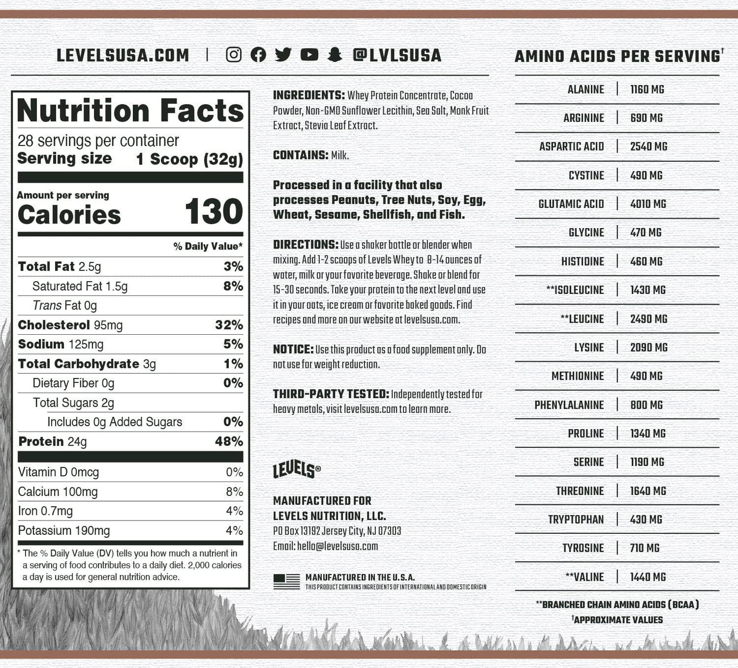 Levels Grass Fed 100% Whey Protein, No Hormones, Pure Chocolate, 2LB