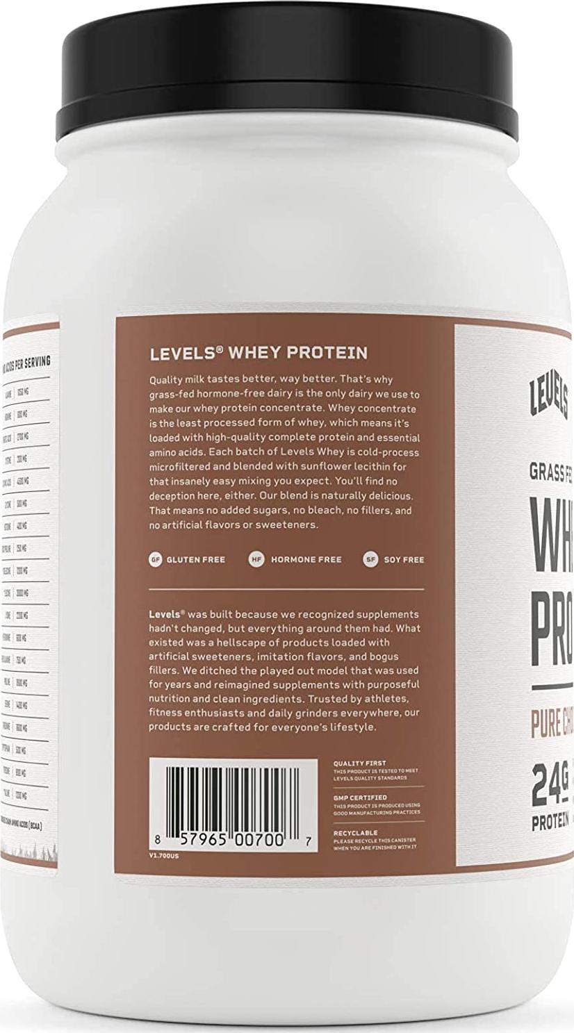 Levels Grass Fed 100% Whey Protein, No Hormones, Pure Chocolate, 2LB