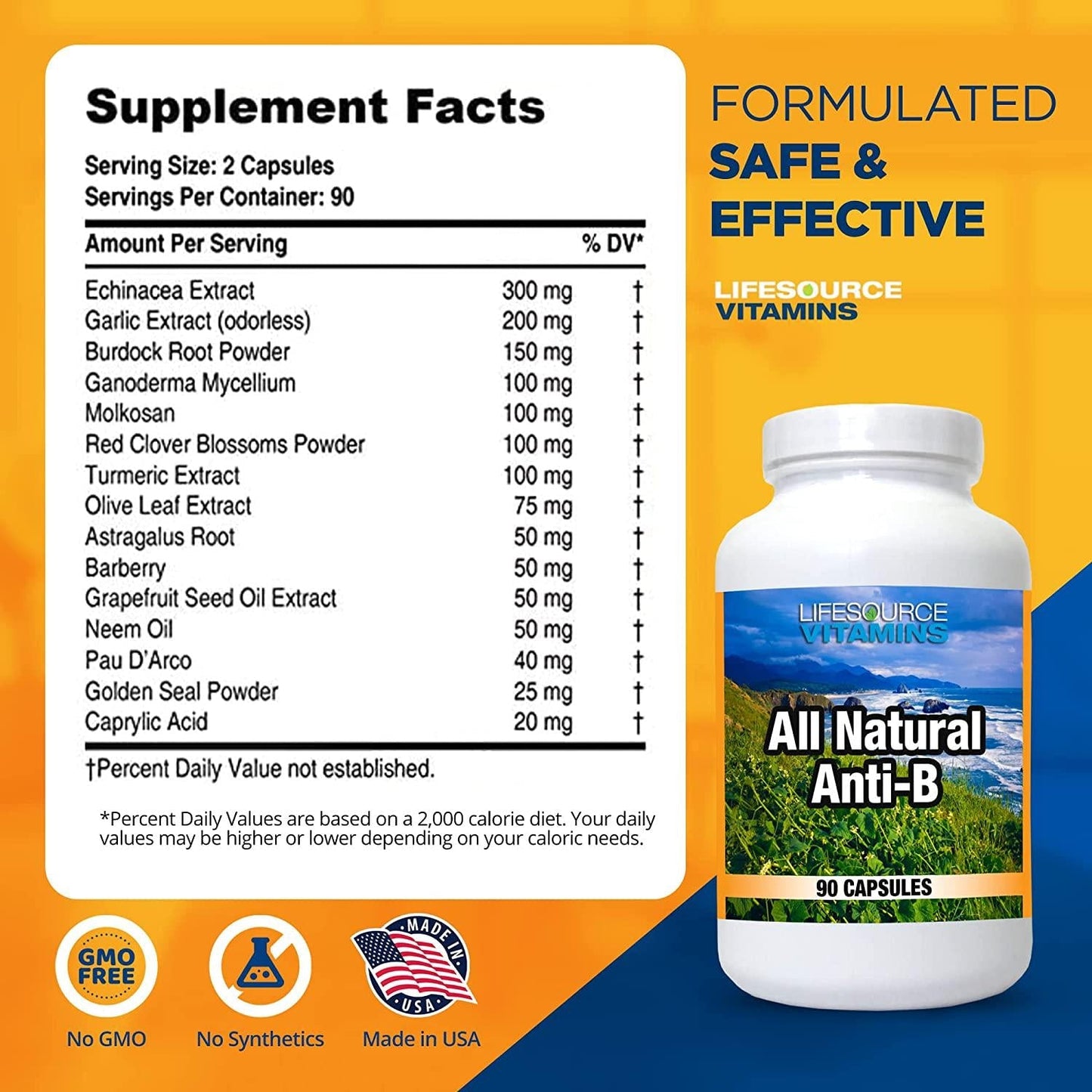 LifeSource Vitamins All Natural Anti-B for Immune Support, All Natural Wellness Formula with Echinacea and Garlic Extract, 90 Immune Defense Capsules